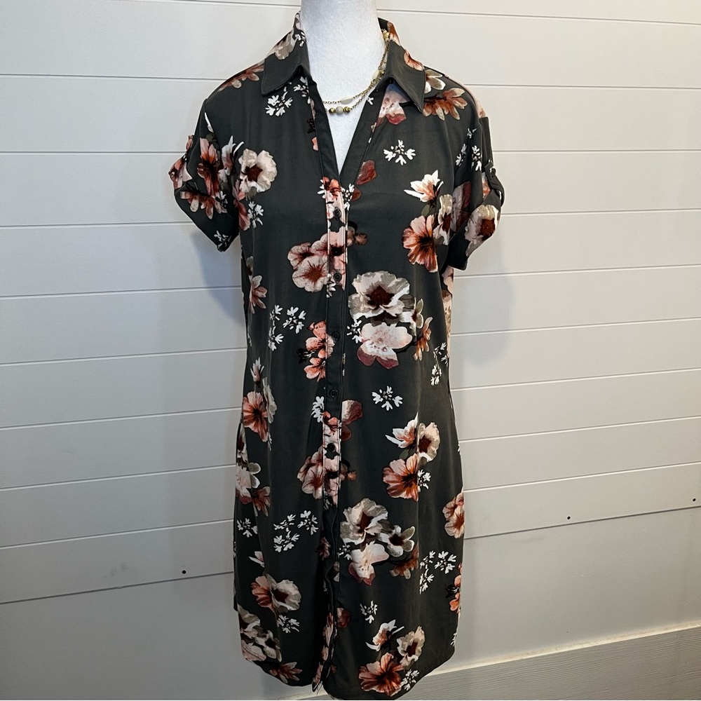 Women’s Shirt Dress Gray Floral Buttons Collared Casual Size Large Classic Light